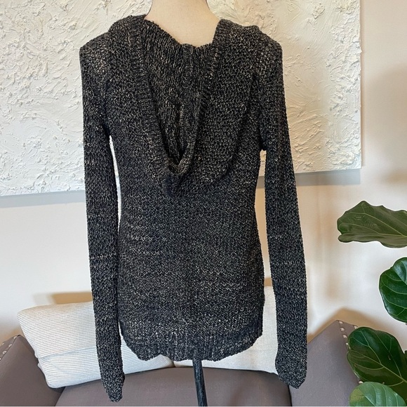 Free People Henley Sweater Pullover Open Knit Hoodie Black Beige Cotton Size S - Picture 5 of 8